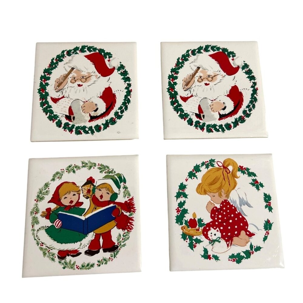 Vintage Jasco 1981 Taiwan Christmas Tile Coasters Set Santa Carolers Angel